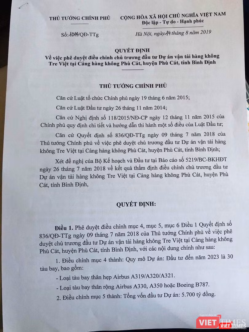 Quyết định số 1014/QĐ-TTg về việc phê duyệt điều chỉnh chủ trương đầu tư Dự án vận tải hàng không Tre Việt