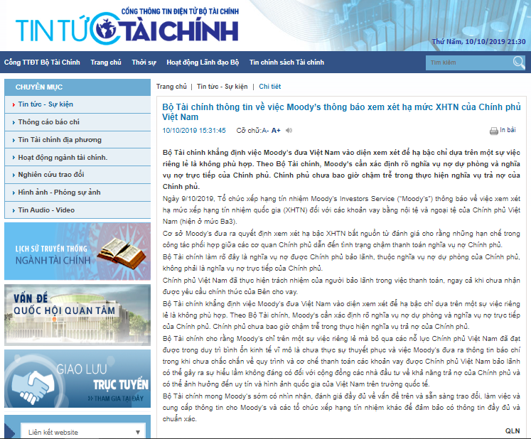 Thông cáo báo chí của Bộ Tài chính (Nguồn: mof.gov.vn)