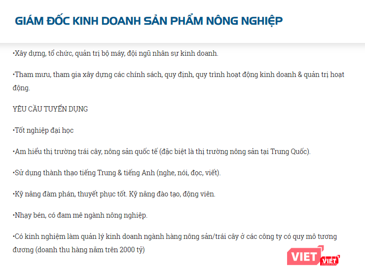 Một phần thông báo tuyển dụng Giám đốc kinh doanh sản phẩm nông nghiệp của Thaco (Nguồn: Thaco)