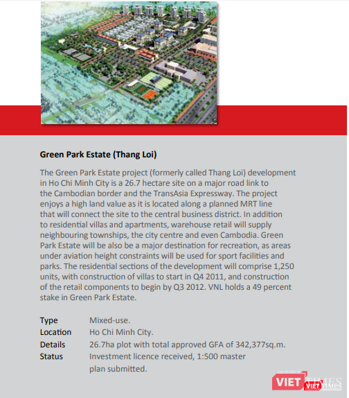 Giới thiệu về dự án Green Park Estate của VinaLand năm 2010 (Nguồn: Báo cáo thường niên - VNL 2010)