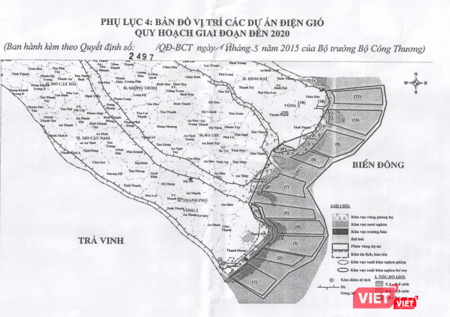 Bản đồ vị trí các dự án điện gió tại tỉnh Bến Tre theo quy hoạch giai đoạn đến năm 2020 (Ảnh chụp màn hình)
