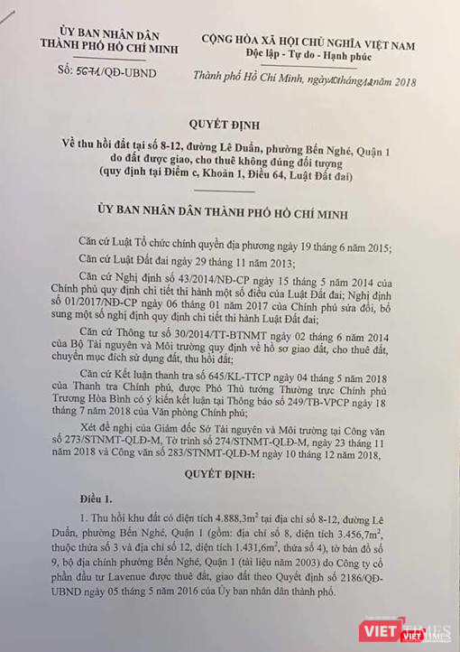 Quyết định của UBND Tp. Hồ Chí Minh về việc thu hồi khu "đất vàng" tại số 8-12 Lê Duẩn, Quận 1 Quyết định của UBND Tp. Hồ Chí Minh về việc thu hồi khu "đất vàng" tại số 8-12 Lê Duẩn, Quận 1