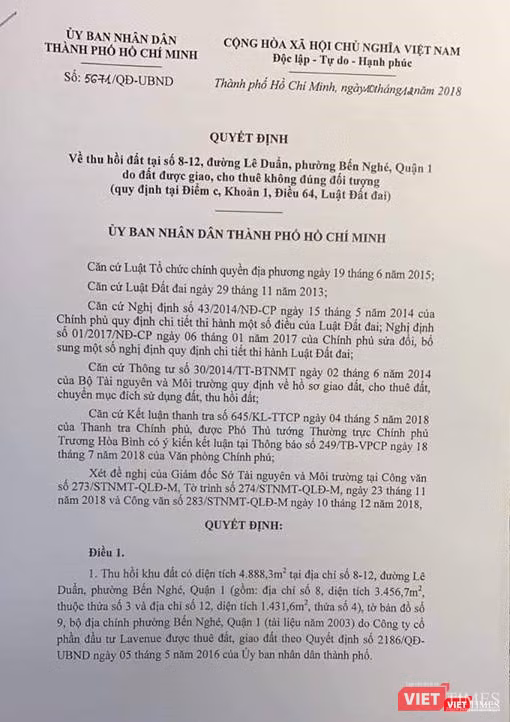 Quyết định của UBND Tp. Hồ Chí Minh về việc thu hồi khu "đất vàng" tại số 8-12 Lê Duẩn, Quận 1