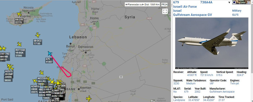 Hoạt động của các máy bay trinh sát điện tử Israel trên khu vực gần bờ biển Syria. Ảnh Flightradar24