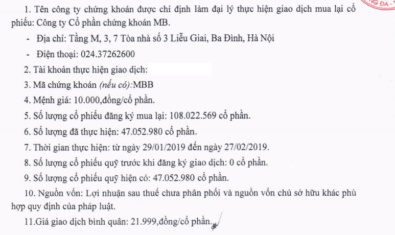 Báo cáo giao dịch mua gom cổ phiếu quỹ của MBBank (Nguồn: MBB)