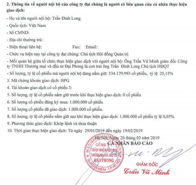 Một phần nội dung báo cáo giao dịch của Công ty TNHH Thương mại và đầu tư Đại Phong gửi Sở Giao dịch Chứng khoán TP. HCM (Nguồn: HSX) Một phần nội dung báo cáo giao dịch của Công ty TNHH Thương mại và đầu tư Đại Phong gửi Sở Giao dịch Chứng khoán TP. HCM (Nguồn: HSX)