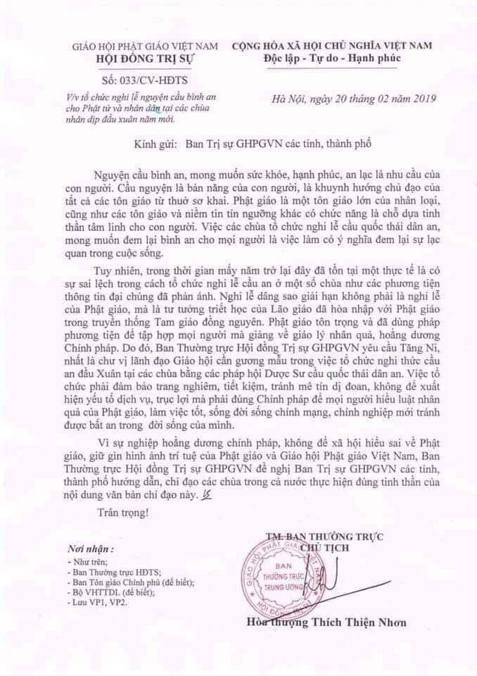 Công văn của Giáo hội Phật giáo Việt Nam do Hòa thượng Thích Thiện Nhơn ký (Nguồn: Giáo hội Phật giao Việt Nam)