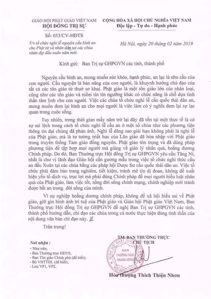 Công văn của Giáo hội Phật giáo Việt Nam do Hòa thượng Thích Thiện Nhơn ký (Nguồn: Giáo hội Phật giao Việt Nam)