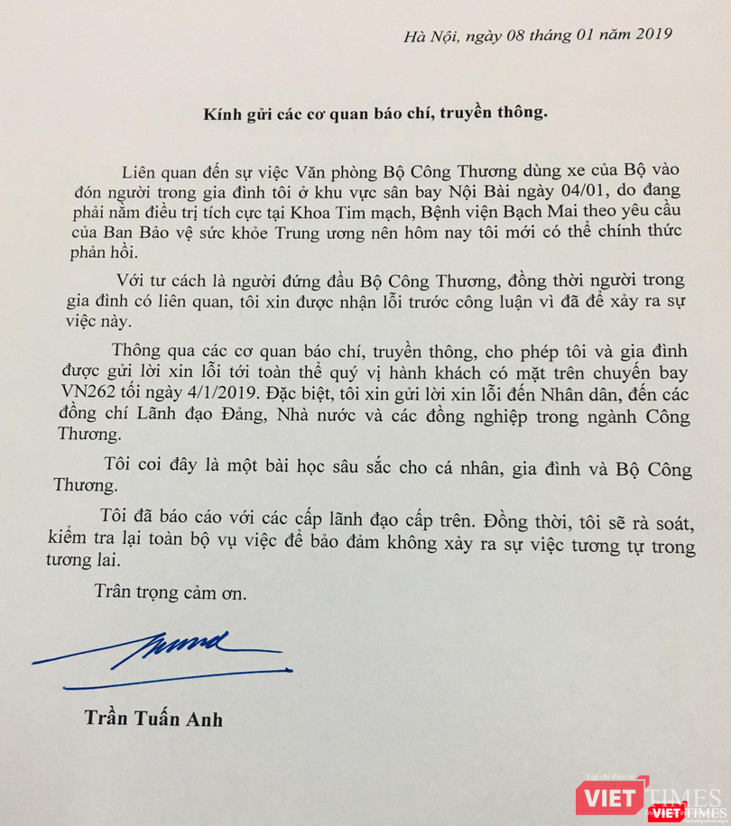 Bức thư xin lỗi của Bộ trưởng Bộ Công Thương (Nguồn: moit.gov.vn)