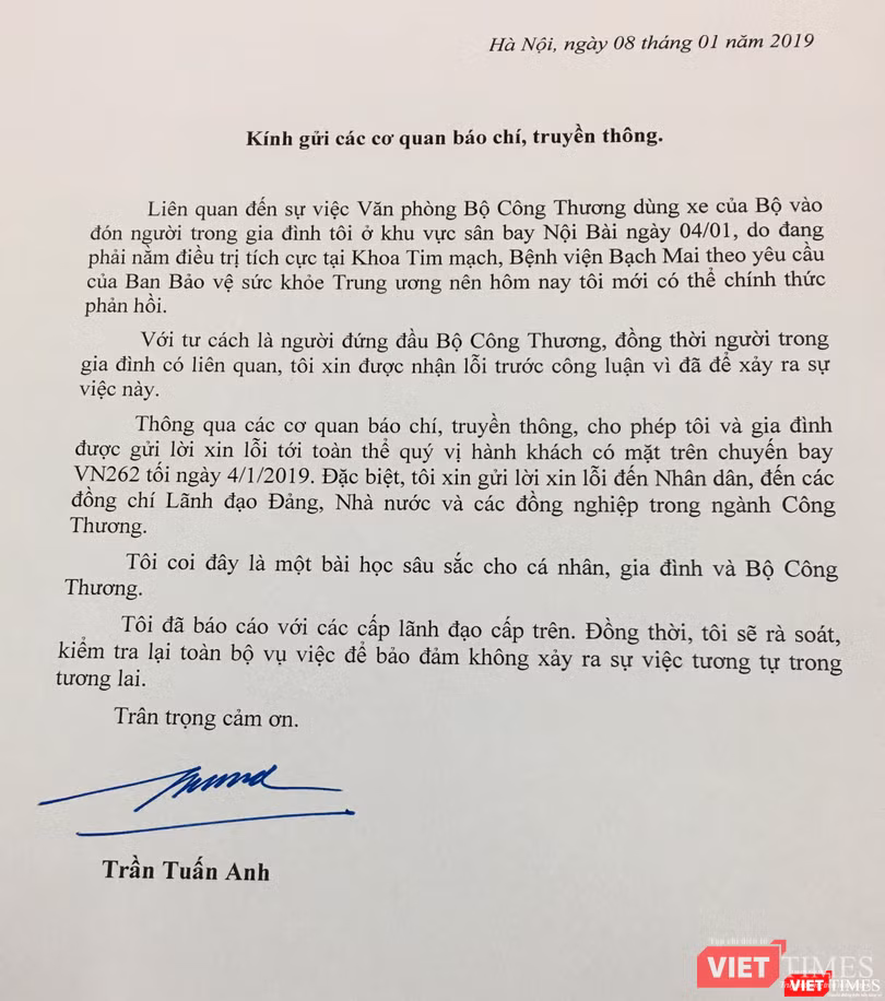Bức thư xin lỗi của Bộ trưởng Bộ Công Thương (Nguồn: moit.gov.vn)