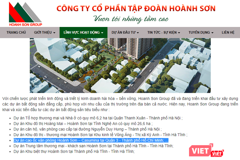 Tập đoàn Hoành Sơn thực hiện hợp tác với Casumina tại dự án Cao ốc văn phòng Hoành Sơn - Casumina tại Quận 3 - Thành phố Hồ Chí Minh, phải chăng đây chính là dự án Cao ốc văn phòng số 180 - Nguyễn Thị Minh Khai - TP HCM? (Nguồn: Ảnh chụp màn hình trang chủ Tập đoàn Hoành Sơn)