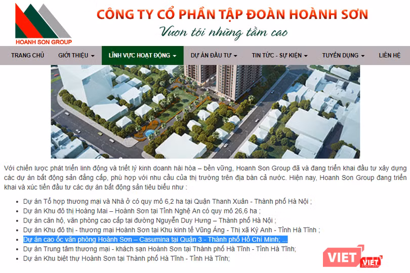 Tập đoàn Hoành Sơn thực hiện hợp tác với Casumina tại dự án Cao ốc văn phòng Hoành Sơn - Casumina tại Quận 3 - Thành phố Hồ Chí Minh, phải chăng đây chính là dự án Cao ốc văn phòng số 180 - Nguyễn Thị Minh Khai - TP HCM? (Nguồn: Ảnh chụp màn hình trang chủ Tập đoàn Hoành Sơn)
