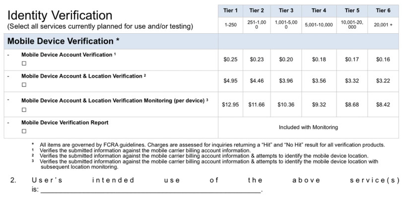 Bảng giá các dịch vụ giám sát dựa trên dữ liệu vị trí do nhà mạng T-Mobile trực tiếp cung cấp. Ảnh: Motherboard