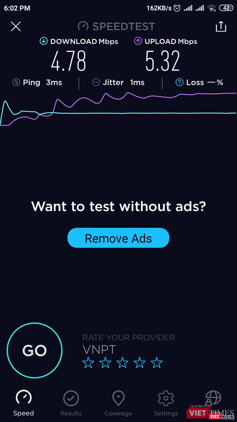 Tốc độ điểm kết nối Wi-Fi công cộng tại khu vực hồ Hoàn Kiếm.