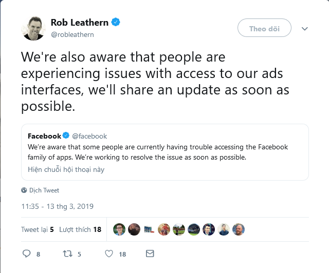 Dòng Tweet của Giám đốc sản phẩm Facebook, Rob Leathern. Ảnh: Twitter Dòng Tweet của Giám đốc sản phẩm Facebook, Rob Leathern. Ảnh: Twitter