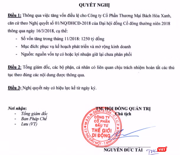 Quyết định tăng vốn tại CTCP Thương Mại Bách Hóa Xanh của Thế giới di động (Nguồn: SSC)
