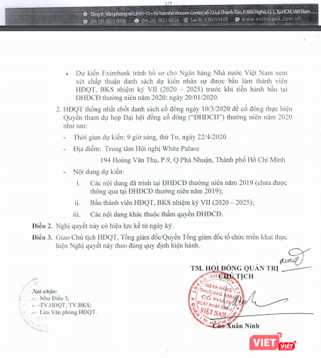 Một phần nội dung Nghị quyết số 574/2019/EIB/NQ-HĐQT mà HĐQT Eximbank vừa thông qua được ký bởi ông Cao Xuân Ninh (Ảnh chụp màn hình - Nguồn: Eximbank) Một phần nội dung Nghị quyết số 574/2019/EIB/NQ-HĐQT mà HĐQT Eximbank vừa thông qua được ký bởi ông Cao Xuân Ninh (Ảnh chụp màn hình - Nguồn: Eximbank)
