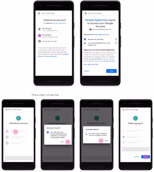 Ví dụ mô tả một ứng dụng truy cập thông tin tài khoản Google+. Ảnh: TheKeyword Ví dụ mô tả một ứng dụng truy cập thông tin tài khoản Google+. Ảnh: TheKeyword