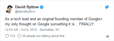 Đoạn Tweet của David Byttow, cựu kỹ sư và thành viên ban sáng lập Google+. Ảnh: Twitter