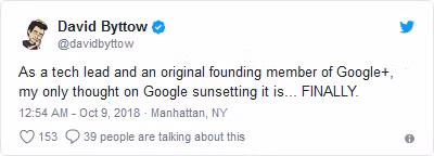 Đoạn Tweet của David Byttow, cựu kỹ sư và thành viên ban sáng lập Google+. Ảnh: Twitter Đoạn Tweet của David Byttow, cựu kỹ sư và thành viên ban sáng lập Google+. Ảnh: Twitter