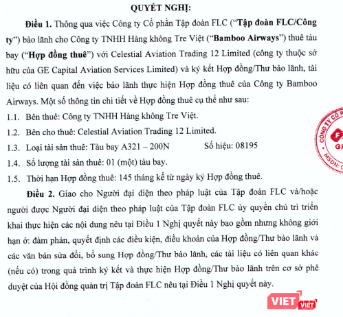 Nội dung Nghị quyết của HĐQT FLC thông qua bảo lãnh cho Công ty TNHH Hàng không Tre Việt thuê máy bay A321 - 200N của Celestial Aviation Trading 12 Limited (Nguồn: FLC)