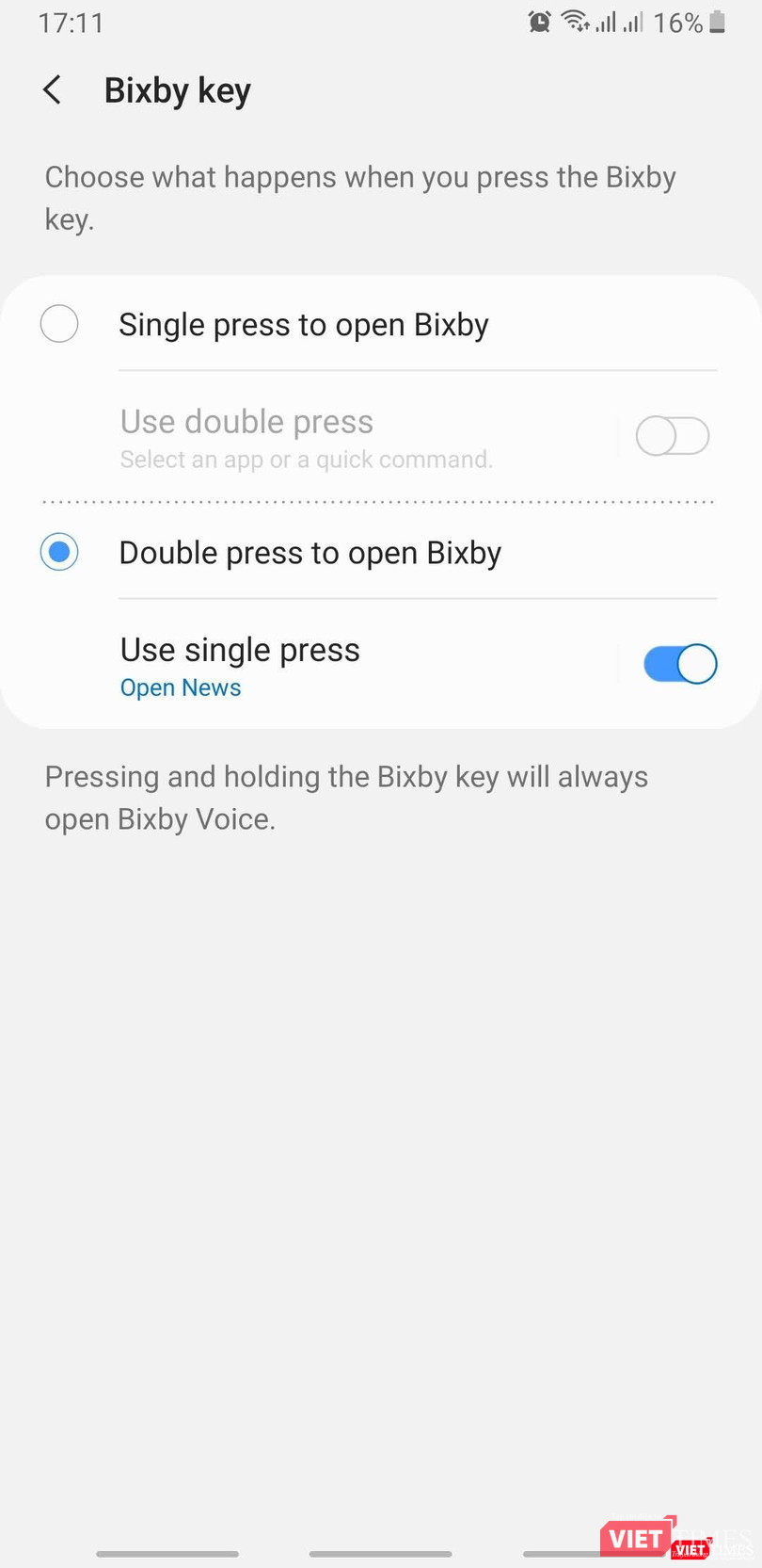 2 tùy chọn thiết lập tính năng cho nút Bixby.