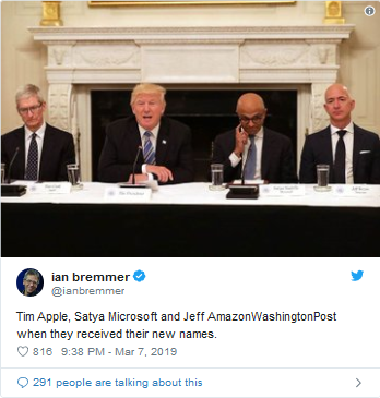 Tài khoản @ianbremmer tweet: "Tim Apple, Satya Microsoft và Jeff AmazonWashingtonPost khi họ được ban cho cái tên mới". Ảnh: Twitter