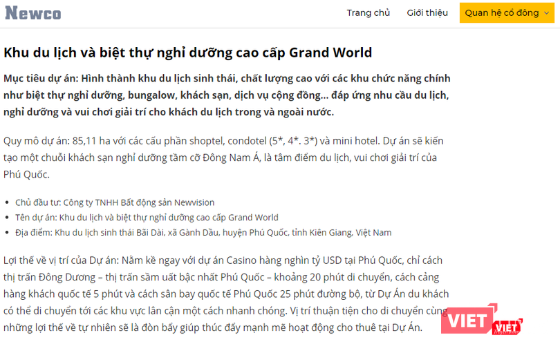 Phần giới thiệu về dự án Grand World của NewCo (Nguồn: newco.vn)