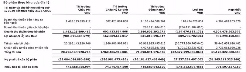 Kết quả kinh doanh theo khu vực địa lý (Nguồn: BCTCHN Quý 1/2020 của VGI)