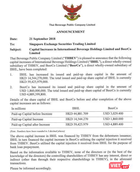 Nội dung thông báo của ThaiBev về việc tăng vốn tại IHBL và BeerCo (Ảnh chụp màn hình: ThaiBev) Nội dung thông báo của ThaiBev về việc tăng vốn tại IHBL và BeerCo (Ảnh chụp màn hình: ThaiBev)