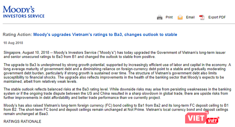 Moody’s nâng hạng tín nhiệm lên Ba3, thay đổi triển vọng của Việt Nam thành “ổn định”