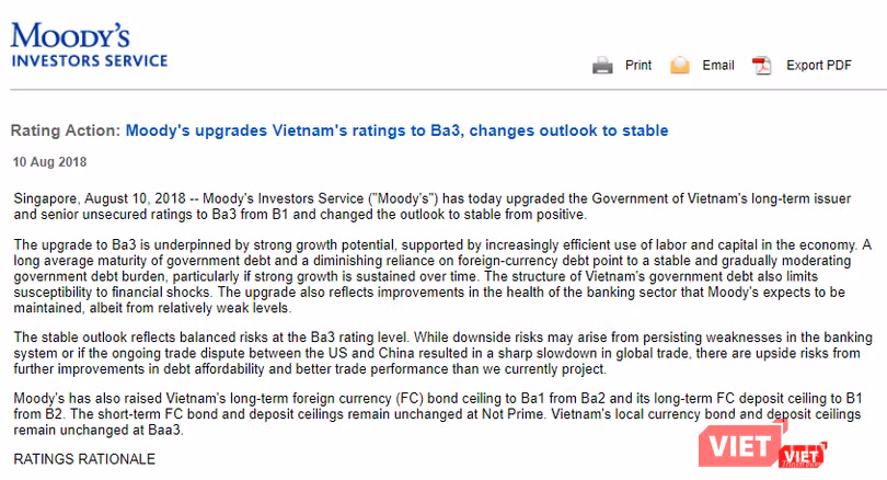 Moody’s nâng hạng tín nhiệm lên Ba3, thay đổi triển vọng của Việt Nam thành “ổn định”