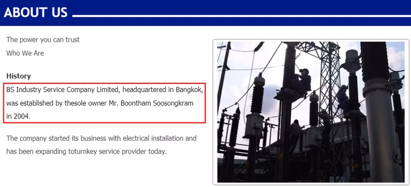 Ảnh chụp màn hình phần Giới thiệu về BS Industry Service trên trang chủ doanh nghiệp này