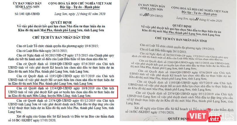 Quyết định số 140/QĐ-UBND ban hành ngày 21/1/2020 về việc phê duyệt kết quả lựa chọn nhà đầu tư thực hiện dự án Khu đô thị mới Mai Pha sau khi được điều chỉnh (bên phải) - Nguồn: VP UBND tỉnh Lạng Sơn