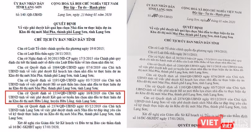 Quyết định số 140/QĐ-UBND ban hành ngày 21/1/2020 về việc phê duyệt kết quả lựa chọn nhà đầu tư thực hiện dự án Khu đô thị mới Mai Pha sau khi được điều chỉnh (bên phải) - Nguồn: VP UBND tỉnh Lạng Sơn Quyết định số 140/QĐ-UBND ban hành ngày 21/1/2020 về việc phê duyệt kết quả lựa chọn nhà đầu tư thực hiện dự án Khu đô thị mới Mai Pha sau khi được điều chỉnh (bên phải) - Nguồn: VP UBND tỉnh Lạng Sơn