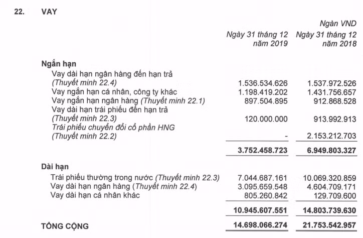 Dư nợ vay tính đến cuối năm 2019 của HAG (Nguồn: BCTC Hợp nhất Quý 4/2019) Dư nợ vay tính đến cuối năm 2019 của HAG (Nguồn: BCTC Hợp nhất Quý 4/2019)