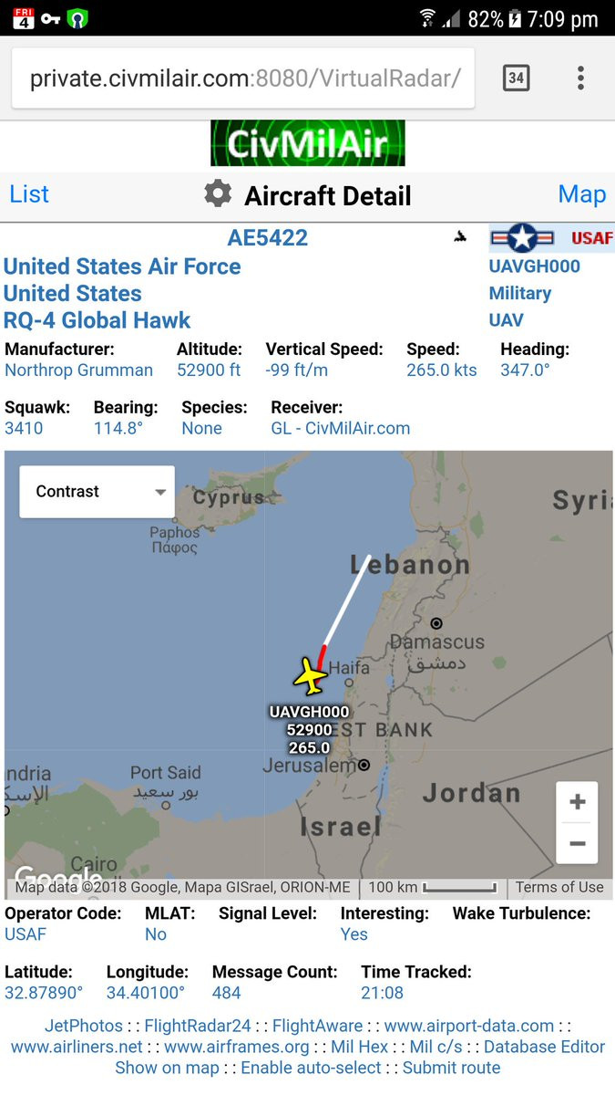 UAV RQ-4 trên vùng nước gần bờ biển Syria. Ảnh The Driver