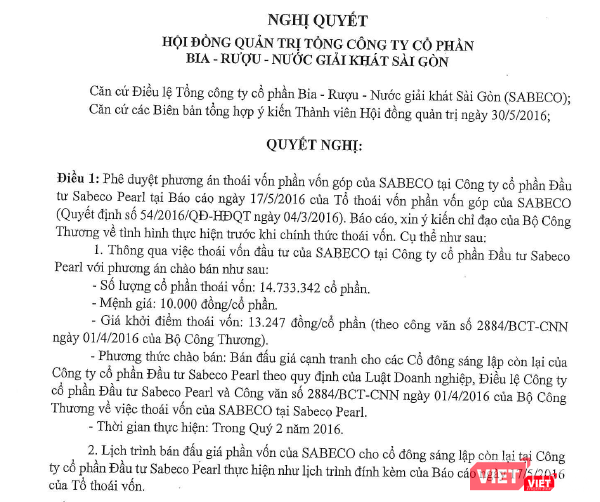 Quyết định thoái vốn của Sabeco tại Sabeco Pearl (Nguồn: SAB) Quyết định thoái vốn của Sabeco tại Sabeco Pearl (Nguồn: SAB)