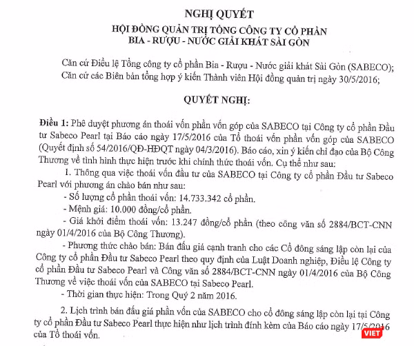 Quyết định thoái vốn của Sabeco tại Sabeco Pearl (Nguồn: SAB) Quyết định thoái vốn của Sabeco tại Sabeco Pearl (Nguồn: SAB)