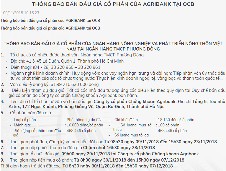 Thông báo bán đấu giá cổ phần của Agribank tại OCB trên trang chủ của Agriseco (Nguồn: AGR)