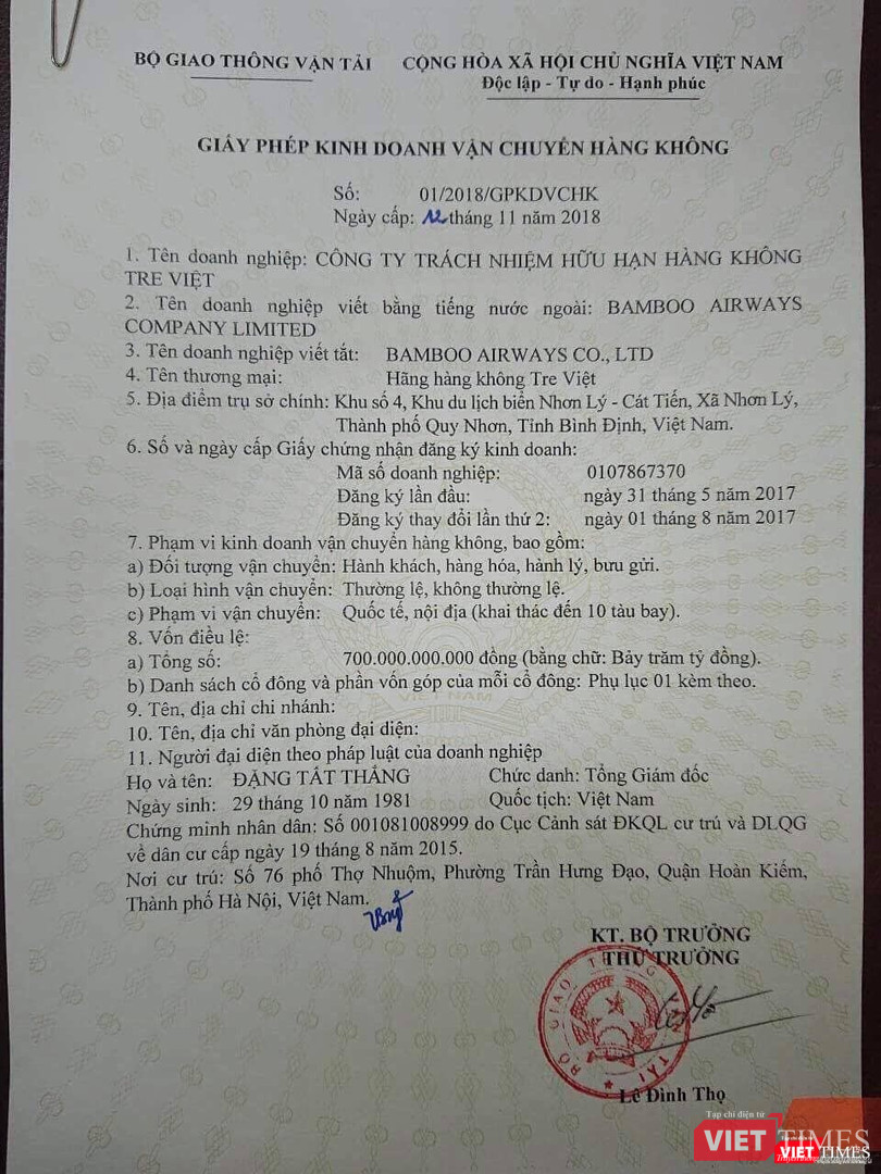 Giấy phép bay của Bamboo Airways được Bộ GTVT cấp ngày 12/11/2018.