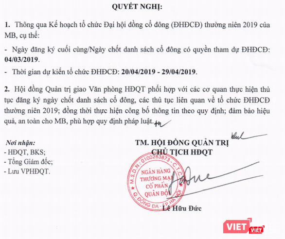 Nội dung nghị quyết của HĐQT Ngân hàng TMCP Quân Đội về kế hoạch tổ chức ĐHĐCĐ thường niên năm 2019 (Nguồn: HSX)