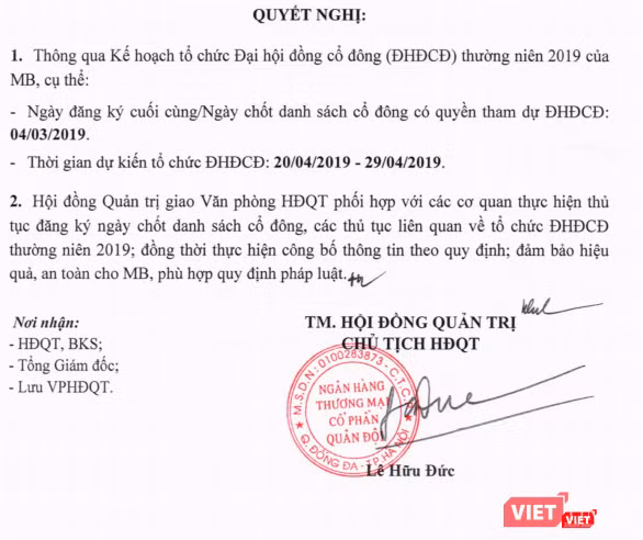 Nội dung nghị quyết của HĐQT Ngân hàng TMCP Quân Đội về kế hoạch tổ chức ĐHĐCĐ thường niên năm 2019 (Nguồn: HSX)