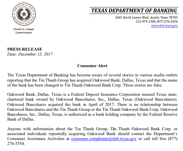 Cảnh báo của cơ quan quản lý lĩnh vực ngân hàng bang Texas, Mỹ có liên quan đến thông tin Tập đoàn Tín Thành thâu tóm ngân hàng Oakwood Bank