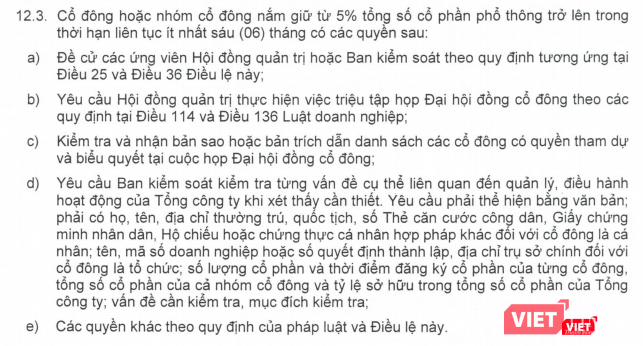 Trích dẫn nội dung Điều 12.3 trong Điều lệ tổ chức và hoạt động của Vinaconex năm 2018 (Nguồn: VCG)