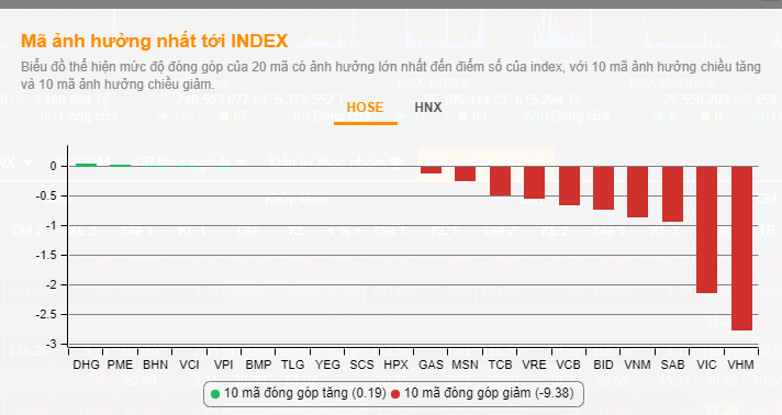 Các mã cổ phiếu đóng góp lớn vào đà giảm điểm của VN-Index (Nguồn: VNDirect)
