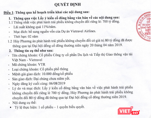 Một phần nội dung quyết nghị vừa được HĐQT Vietravel thông qua (Nguồn: Vietravel)