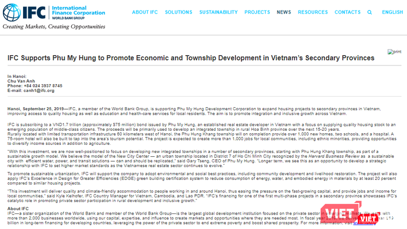 IFC công bố khoản đầu tư 1.700 tỷ đồng vào trái phiếu do Phú Mỹ Hưng phát hành (Nguồn: IFC)