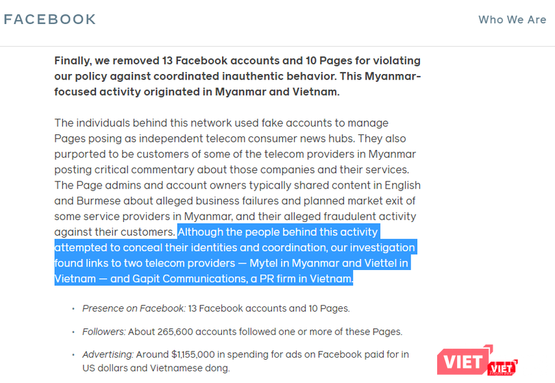 Một phần thông cáo của Facebook liên quan đến hành vi của Viettel và MyTel. (Ảnh chụp màn hình) Một phần thông cáo của Facebook liên quan đến hành vi của Viettel và MyTel. (Ảnh chụp màn hình)