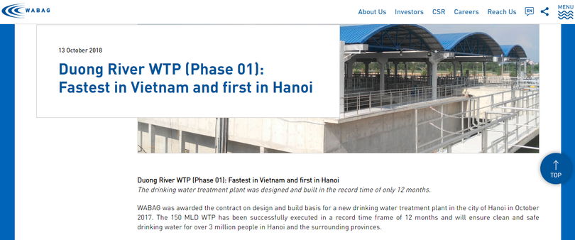 Thông báo của VA Tech Wabag Limited (Wabag) về dự án NMN Sông Đuống (Ảnh chụp màn hình)